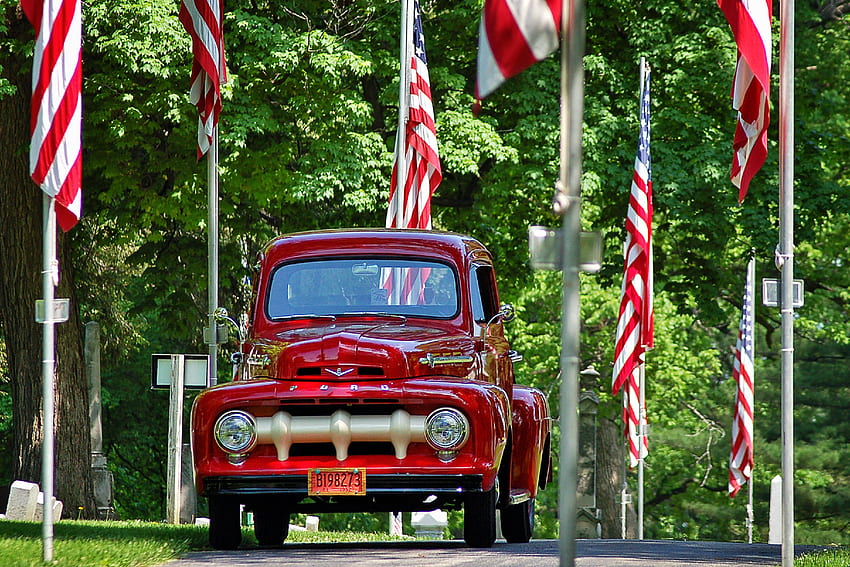 Happy 4th of July, ford, flags, truck, red HD wallpaper