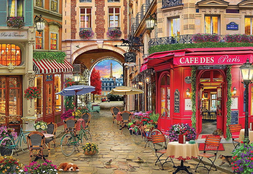 Cafe des Paris, restaurant, table, chairs, digital, art, city, flowers, houses HD wallpaper
