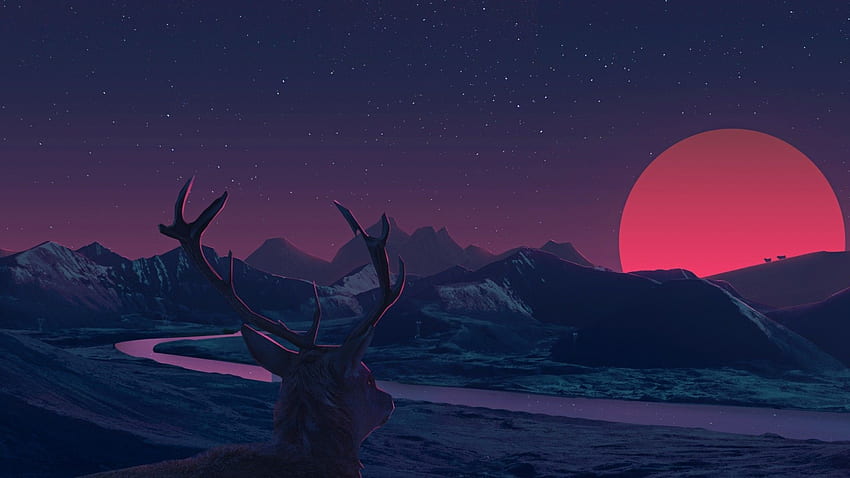 Flat Landscape, Deer, Red Moon, Digital Art HD wallpaper