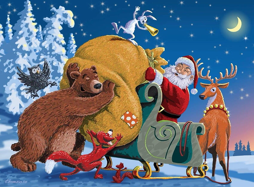 :), christmas, funny, fox, santa, urs, craciun, art, vulpe, bear, reindeer HD wallpaper