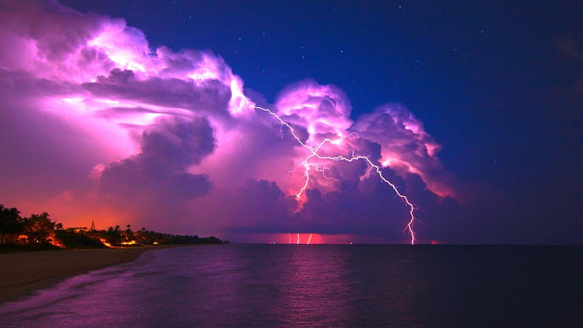 lightning from a purple cloud, sea, lightning, stars, cloud HD wallpaper