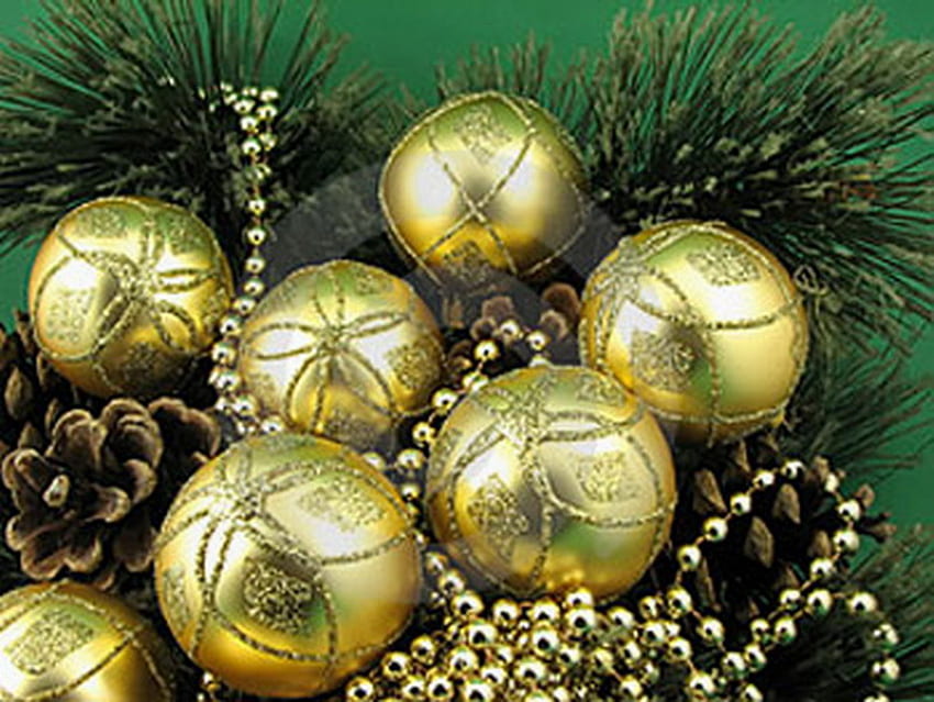 GOLD BULBS, balls, cones, pine, gold HD wallpaper