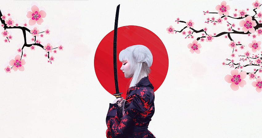 Dziewczyna wojownik, samuraj, kwiat wiśni, art Tapeta HD