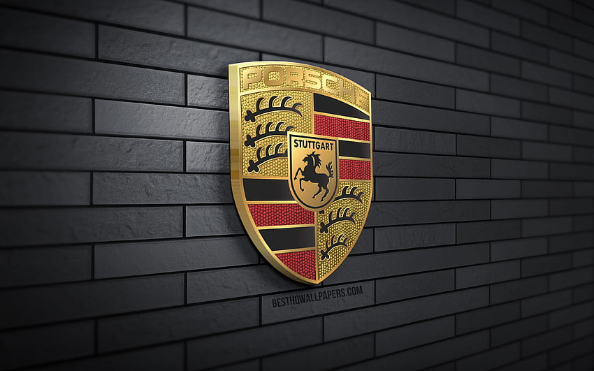 Porsche 3D logosu, gri brickwall, yaratıcı, otomobil markaları, Porsche logosu, 3D sanat, Porsche HD duvar kağıdı