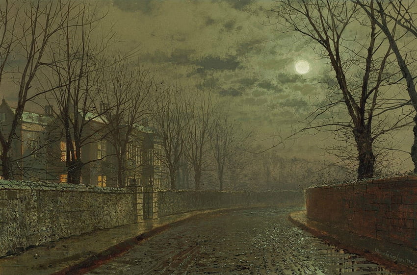 The Silvery Moonlight, Kunst, John Atkinson Grimshaw - The Silvery Moonlight, Malerei, viktorianisch, dunkel HD-Hintergrundbild