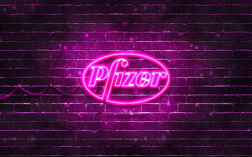 Logo violet Pfizer, mur de briques violet, logo Pfizer, Covid-19, Coronavirus, logo néon Pfizer, vaccin Covid, Pfizer Fond d'écran HD