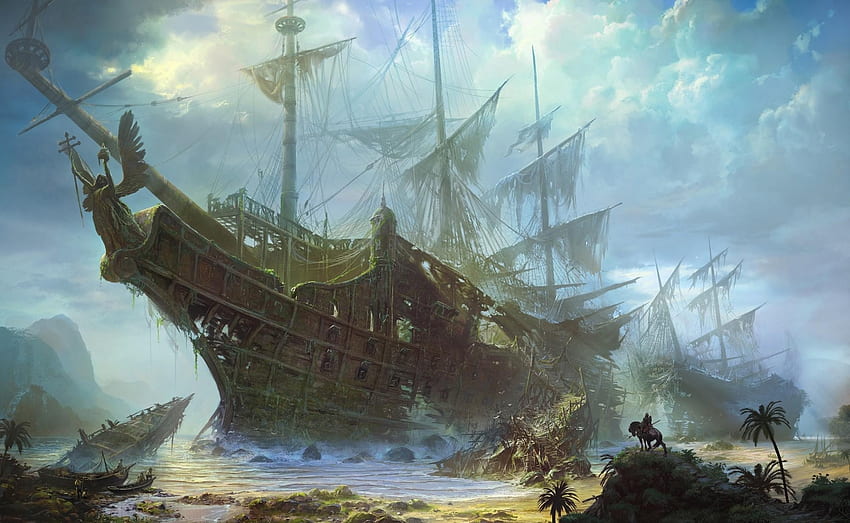 Fantasy, Sky, Ships, Sea, Clouds, Shore, Bank, Old, Detritus, Wreckage HD wallpaper