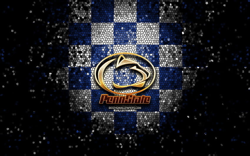 Penn State Nittany Lions, glitter logo, NCAA, blue white checkered background, USA, american football team, Penn State Nittany Lions logo, mosaic art, american football, America for with resolution HD wallpaper