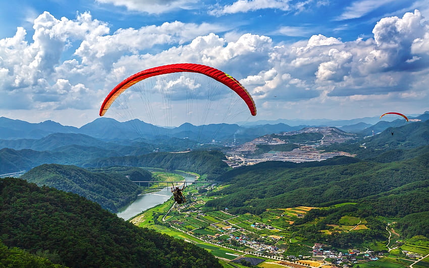 Paragliding over River, fields, clouds, paragliders, rover, aerial HD wallpaper