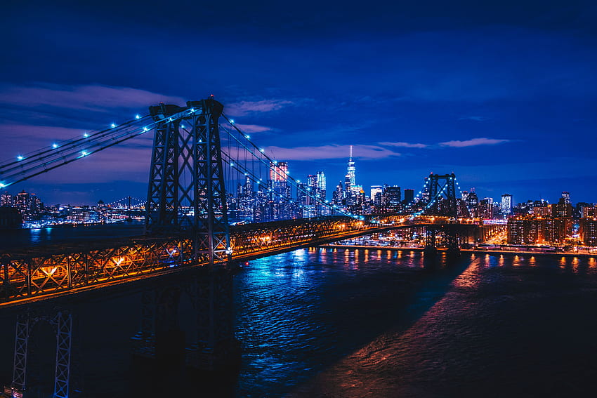 ニューヨーク, 都市, アメリカ合衆国, 夜の街, 橋, アメリカ合衆国 高画質の壁紙
