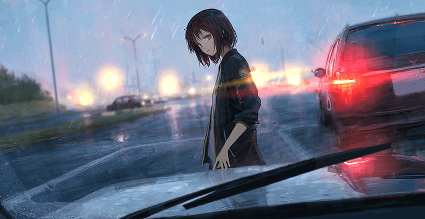 Rainy Car「ー」/「しおん」 [ Engine Anime] HD wallpaper