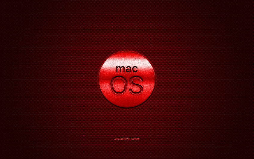 MacOS logo, red shiny logo, MacOS metal emblem, red carbon fiber texture, MacOS, brands, creative art HD wallpaper
