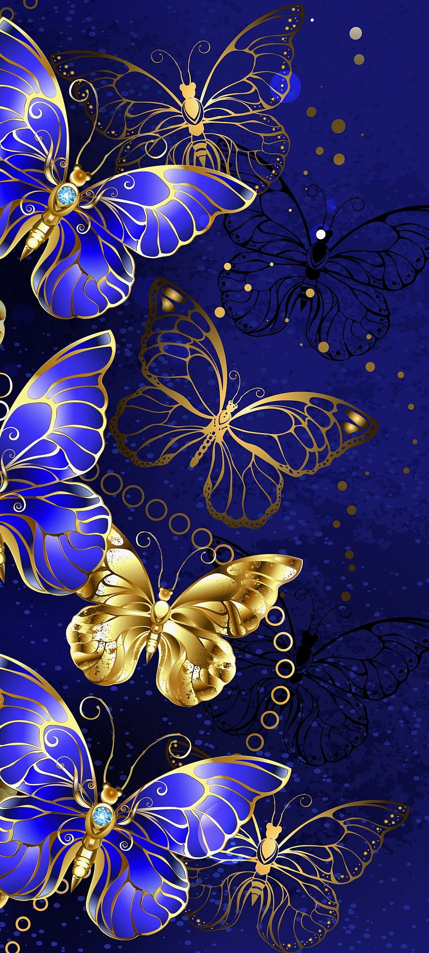 럭셔리 GoldenButterfl, 자연, 금, 나방과 나비, 아름다운, 파랑 HD 전화 배경 화면