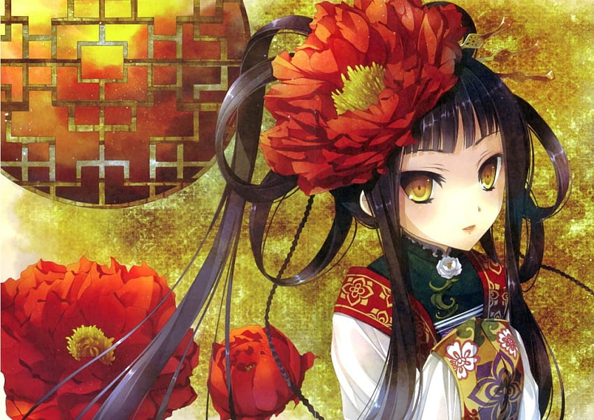 China Doll, yellow eyes, cute, floral, oriental, long hair, abstract, petals, flower, female, blossom, peony, chinese, girl, black hair, kawaii, anime girl, anime HD wallpaper
