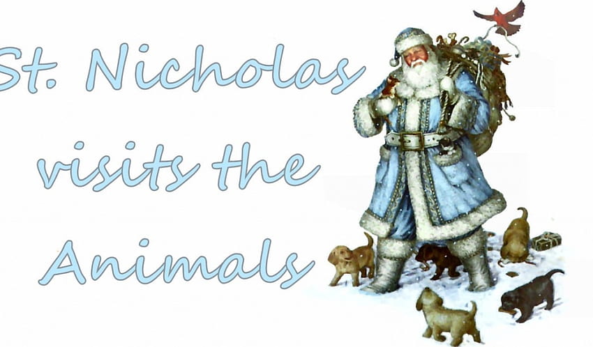 St. Nicholas and the Animals, winter, dogs, avian, occasion, holiday, scenery, painting, snow, December, bird, art, beautiful, illustration, artwork, wide screen, Santa, Christmas, pets, canine HD wallpaper