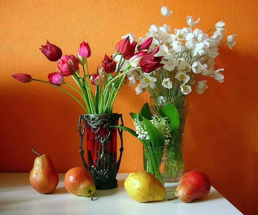 still life, bouquet, graphy, vase, beautiful, tulips, cup, nice, pear, flower, cool, fruit, flowers, , harmony HD wallpaper