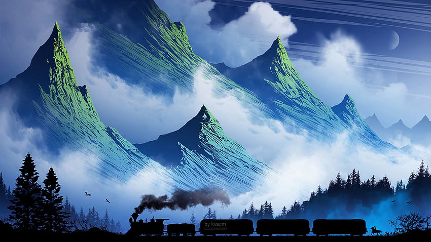 Sztuka, góry, dym, mgła, pociąg Tapeta HD
