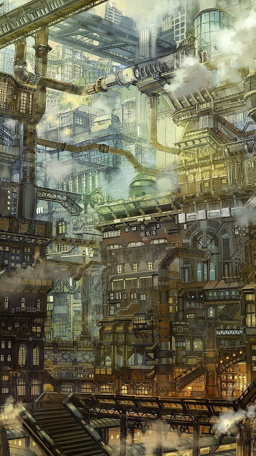 Anime Steampunk City, Industrial, Scenic HD phone wallpaper