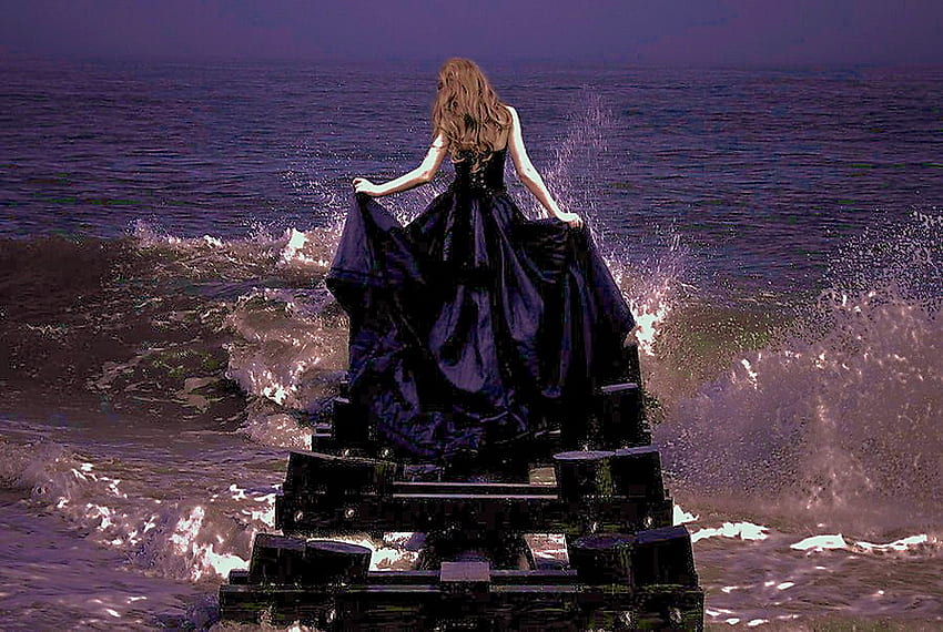 At the edge, black dress, waves, brown hair, dock, water, woman, ocean HD wallpaper
