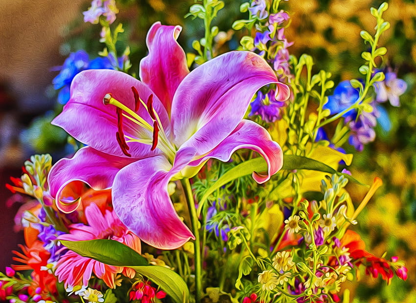 ดอกไม้, สีชมพู, ช่อดอกไม้, สไตล์, ลิลลี่ วอลล์เปเปอร์ HD