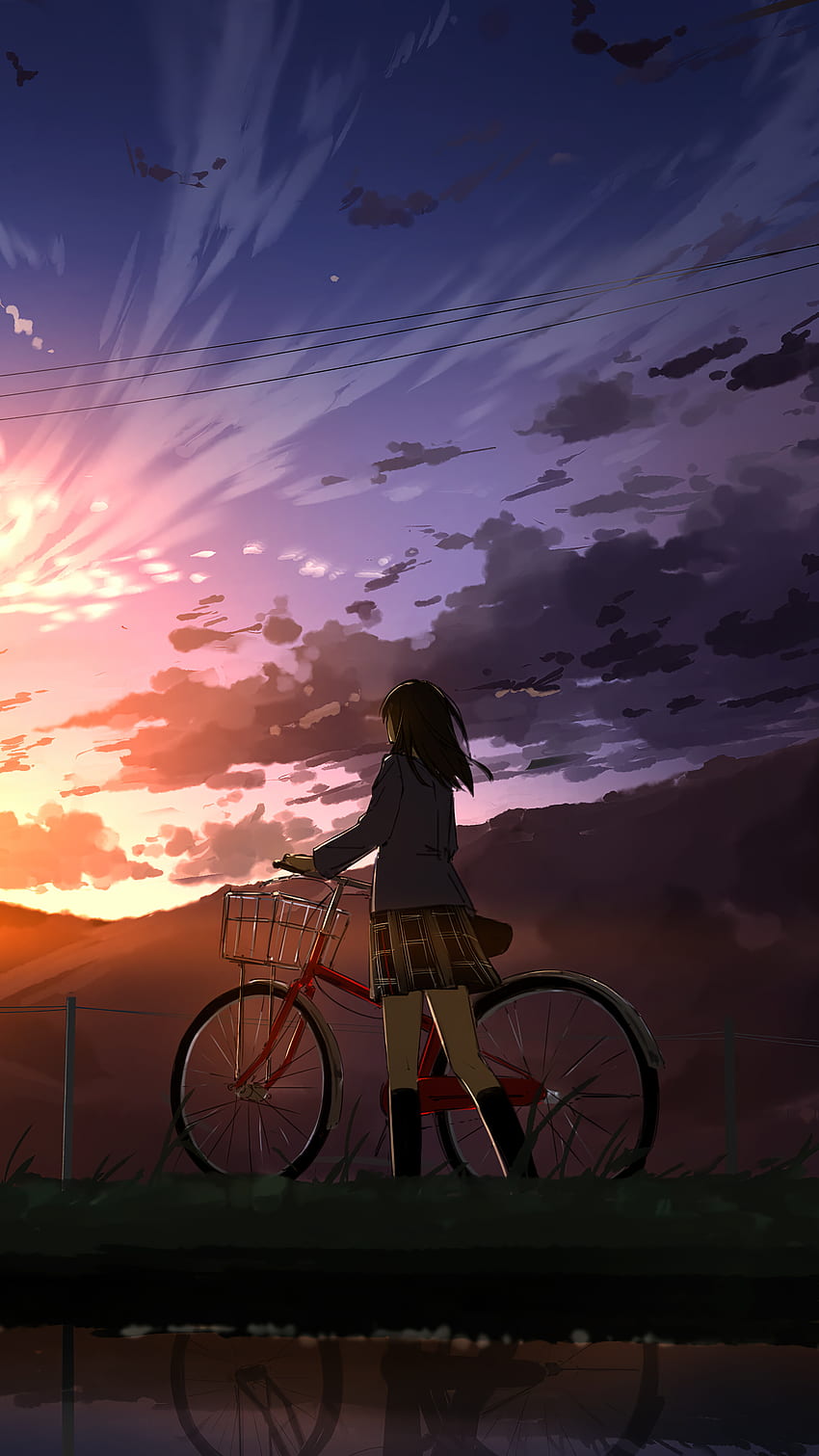 Anime-Mädchen-Sonnenuntergang-Himmel-Landschafts-Telefon iPhone, Anime-Sonnenuntergang-Vertikale HD-Handy-Hintergrundbild