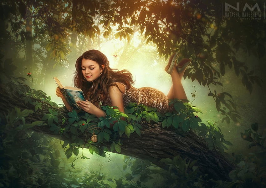 Момиче чете книга, момиче, четене, фантазия, дърво HD тапет