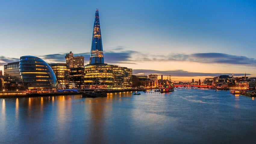 Sunset In London, boat, city, london, siauling, buildings, lights, clouds, nature, water, sunset HD wallpaper