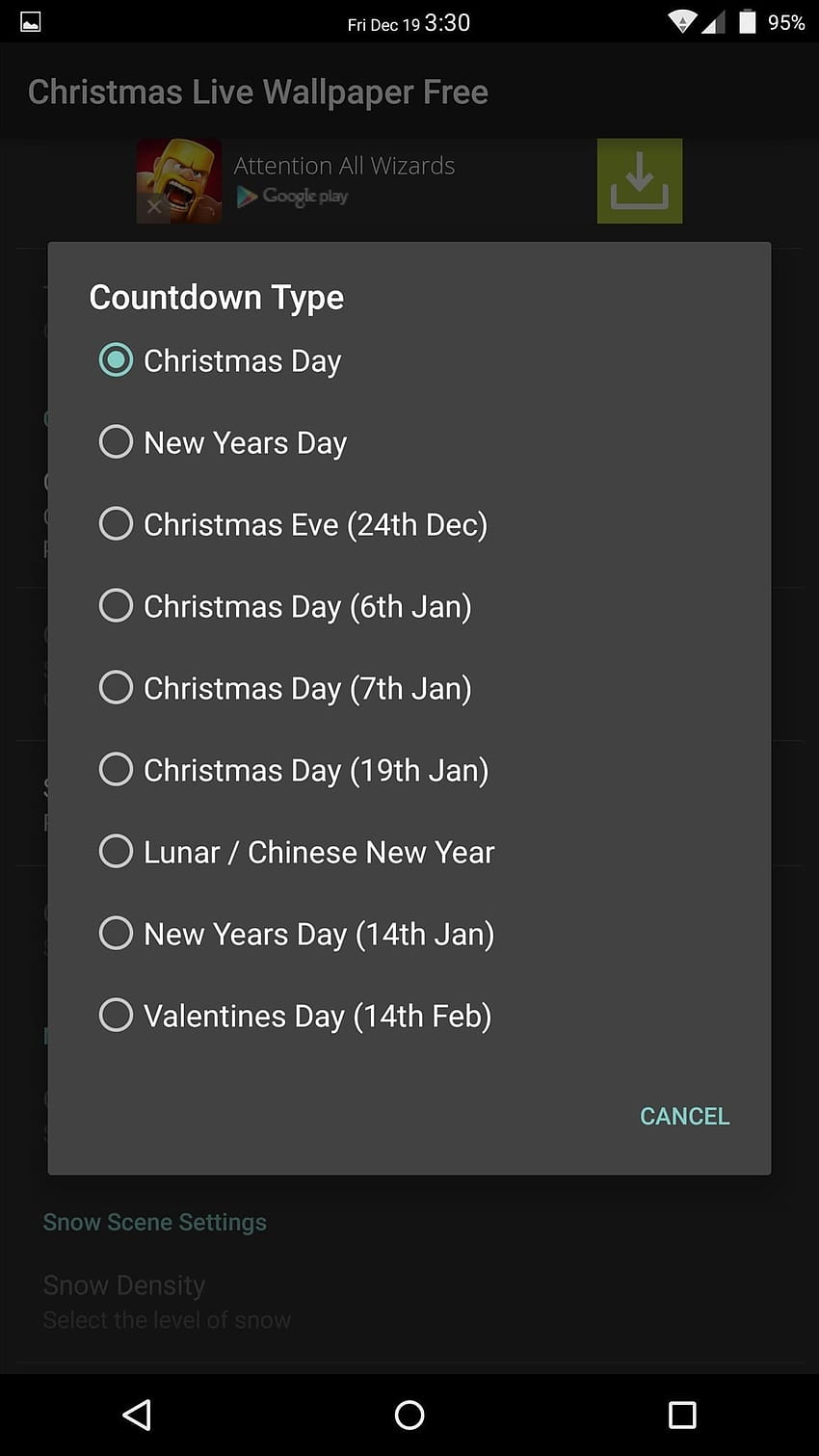Now open the app, go to Settings -> Countdown Settings -> Countdown Type, and choose which holiday you want to count down to—Christmas Eve, Christmas Day, ... HD phone wallpaper