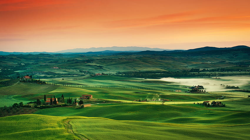 Toscana, , , , Italia, paesaggio, villaggio, campo, tramonto, cielo, erba, Natura, europeo Sfondo HD
