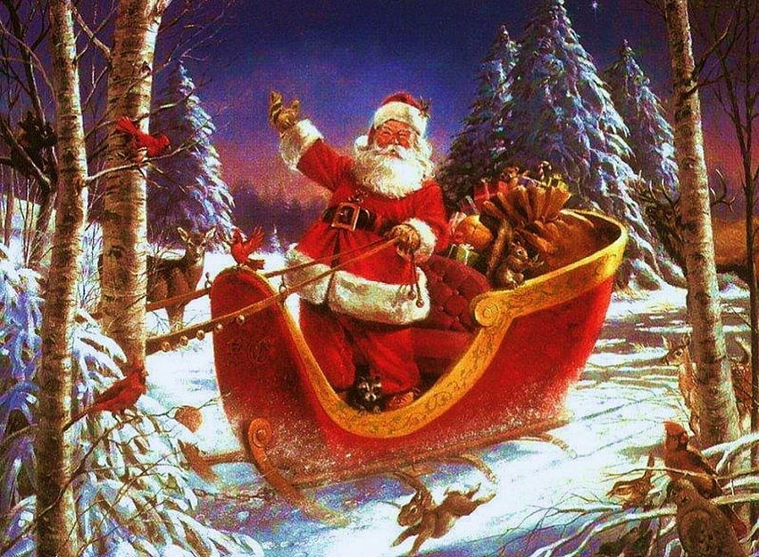 Babbo Natale arriva, inverno, animale, divertimento, arrivo, bello, vacanza, neve, alberi, arrivo, capodanno, gelo, congelato, umore, freddo, regali, babbo natale, bello, carino, natale, cervo, rosso, gioia, adorabile , foresta Sfondo HD