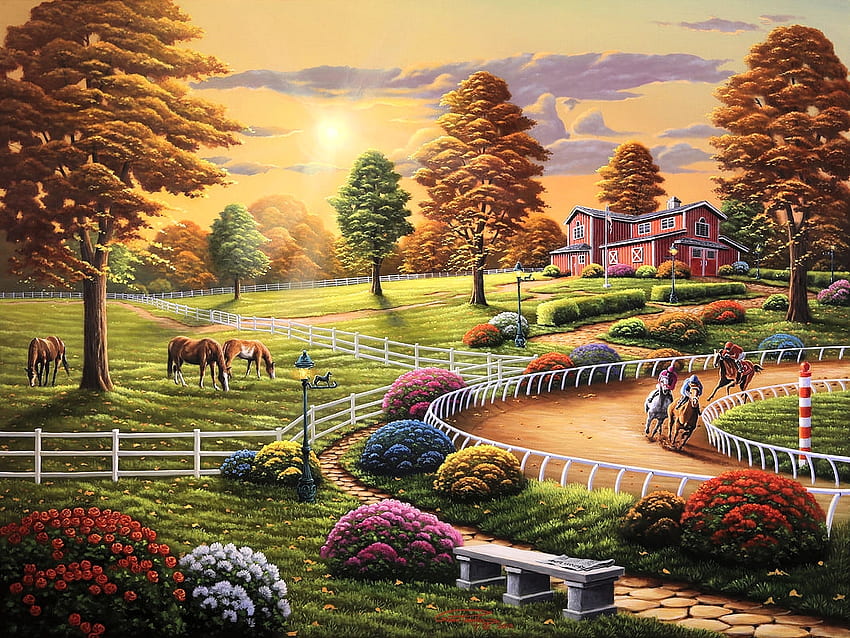Nachmittagstraining, Haus, Landschaft, Kunstwerk, Pferde, Malerei, Zaun, Bäume, Herbst, Blumen HD-Hintergrundbild