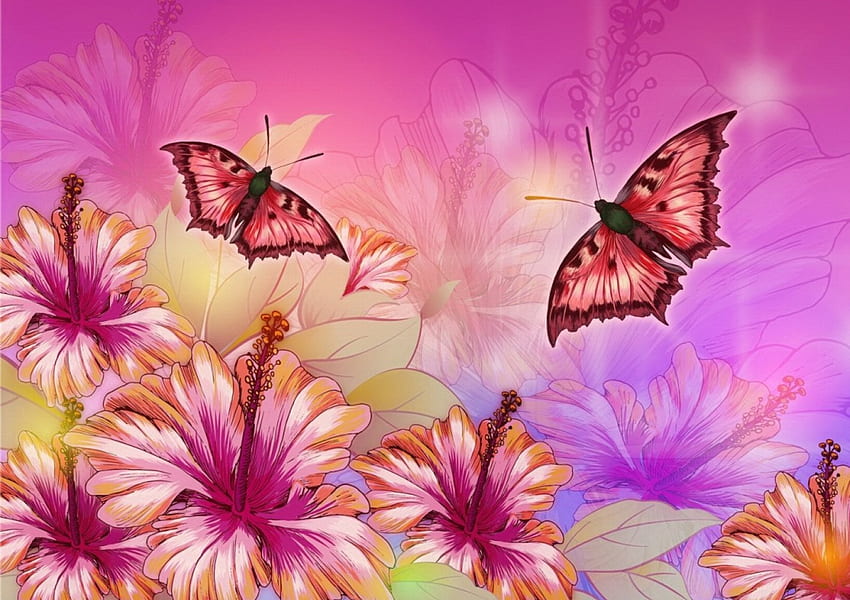Spring background, background, pink, butterfly, pretty, beautiful, flowers, spring, lovely HD wallpaper