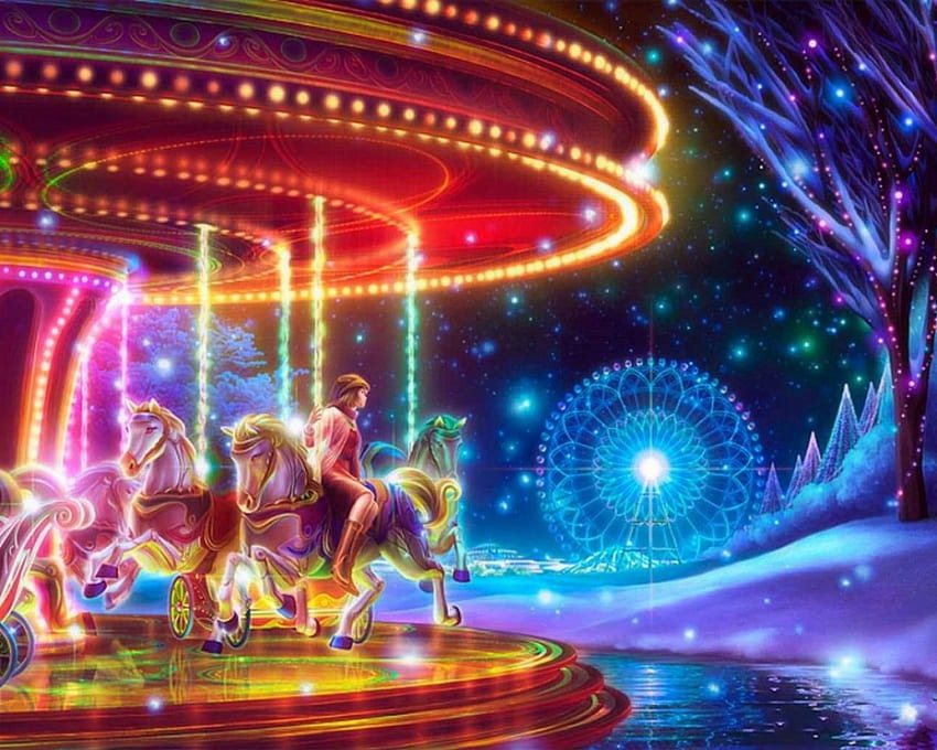 The Carousel, lights, ferris wheel, amusement, fair, girl, carousel HD wallpaper