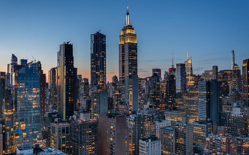 เมืองนิวยอร์ก แมนฮัตตัน ตอนเย็น ตึกเอ็มไพร์สเตต ตึกระฟ้า นิวยอร์ก มหานคร ทิวทัศน์ของเมืองนิวยอร์ก สหรัฐอเมริกา วอลล์เปเปอร์ HD