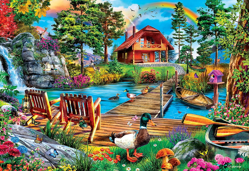 Cabina dell'isola, barche, cascata, molo, alberi, fiori, fiume, funghi, farfalle, sedie, anatre, pittura Sfondo HD