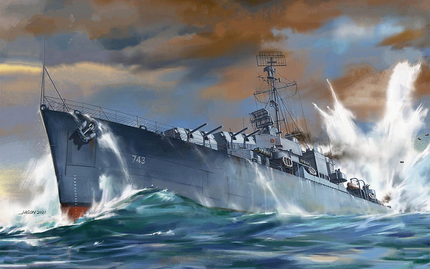 USS Southerland, DD-743, cacciatorpediniere americano, Marina degli Stati Uniti, cacciatorpediniere classe Gearing, seconda guerra mondiale, disegni di navi da guerra, USA Sfondo HD