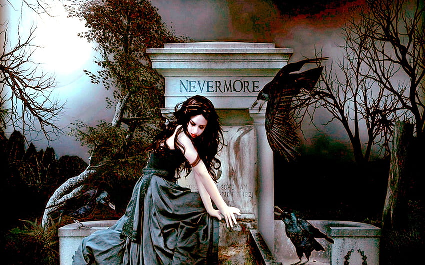RAVEN GIRL, gothic, raven, moon, women, dark HD wallpaper