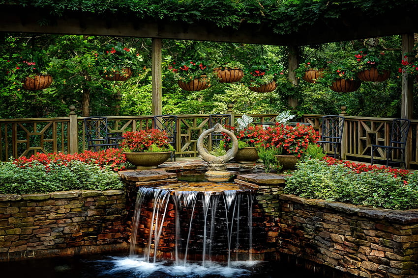 Air terjun taman, taman, begonia, air terjun, indah, bunga, penataan Wallpaper HD