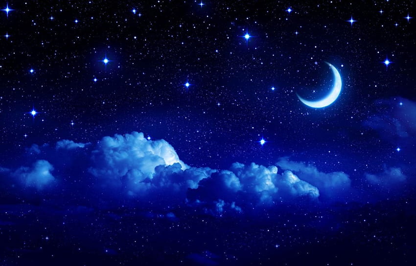 Звездна нощ, нощ, облаци, звезди, луна HD тапет