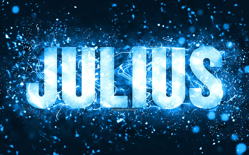 Happy Birtay Julius, , blaue Neonlichter, Name Julius, kreativ, Julius Happy Birtay, Julius Birtay, beliebte amerikanische männliche Namen, mit dem Namen Julius, Julius HD-Hintergrundbild