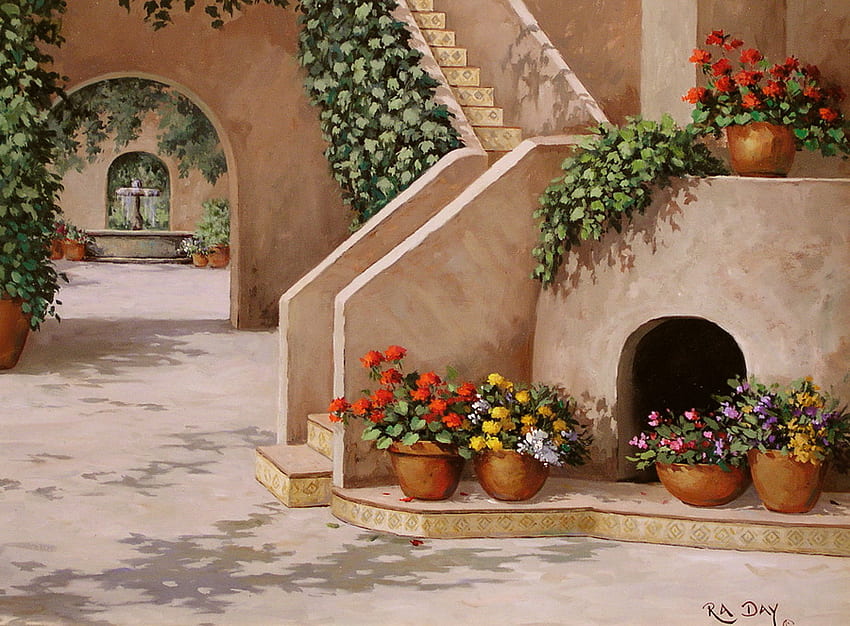 Fontaine d'arche, escalier, porte, cour, fontaine, arche, vignes, pots de fleurs Fond d'écran HD
