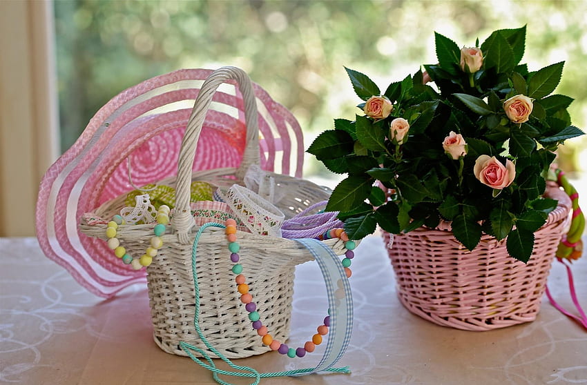 Flowers, Roses, Beads, Tape, Basket, Hat, Baskets, Braid HD wallpaper