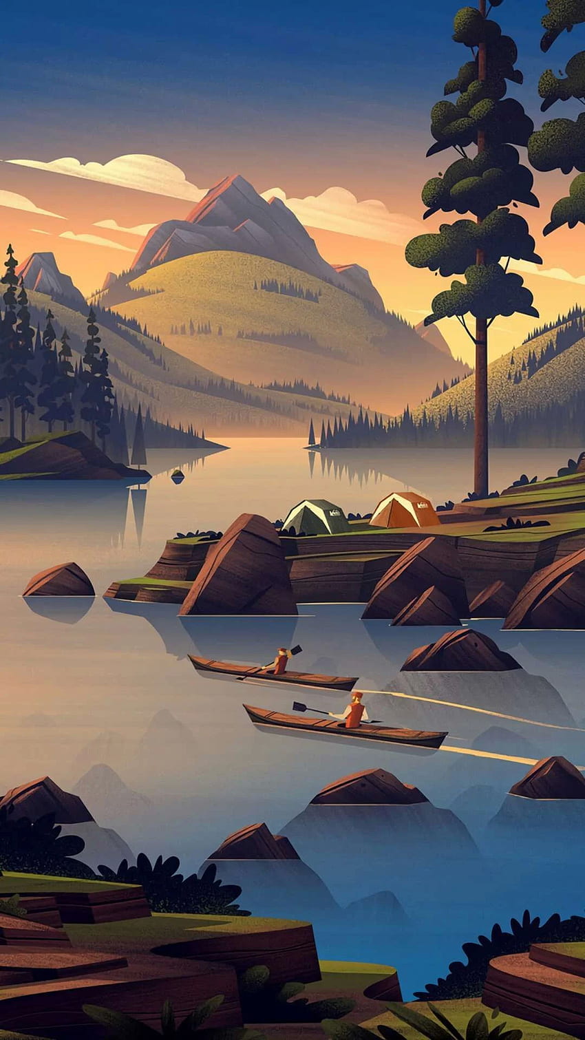 Natur-Camping-Kunst-Berge iPhone. Landschaftsillustration, Landschaftskunst, Campingkunst, Cartoon Camping HD-Handy-Hintergrundbild