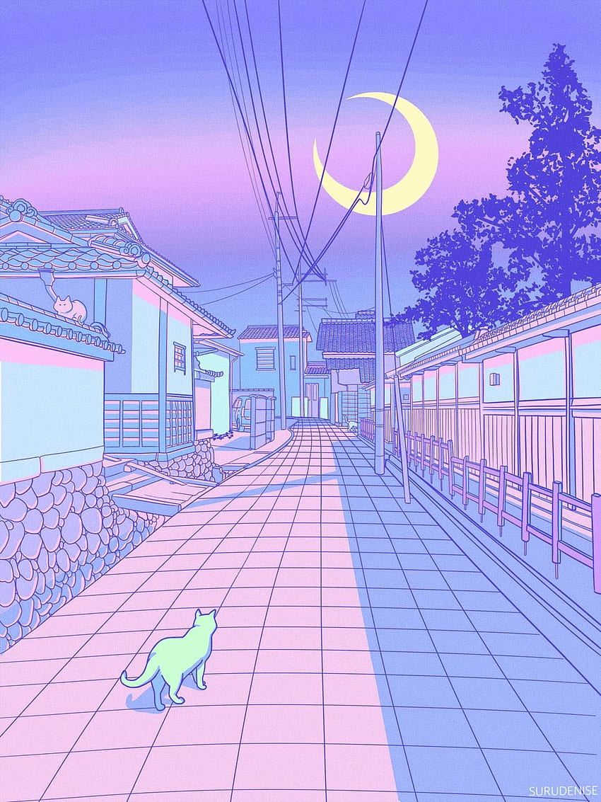 Pastellfarbenes Japan, Katzen und Gassen-Illustrationen. Ästhetischer Hintergrund, Kawaii, Ästhetik, Pastellstadt HD-Handy-Hintergrundbild