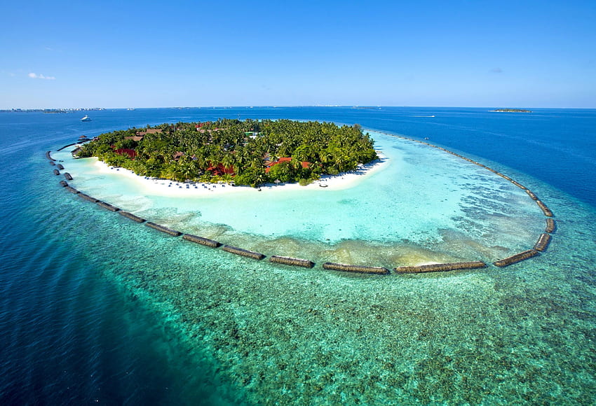 Графика от птичи поглед на остров, плаж, пейзаж, Малдиви HD тапет