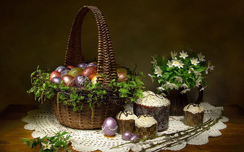 Happy Easter!, basket, cakes, Easter, anemones, eggs HD wallpaper | Pxfuel