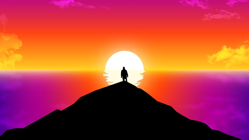 Into the horizon, man, sunset, silhouette, hill, art HD wallpaper