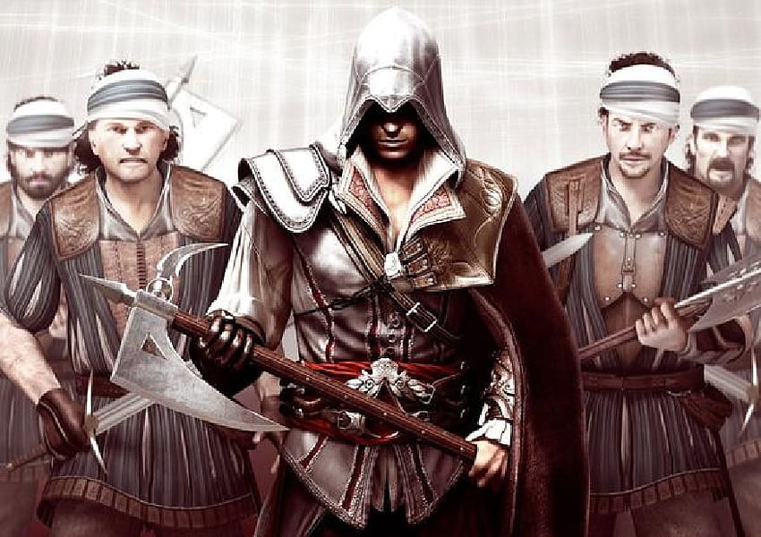Ezio and the mercenaries, assassins creed, ezio and mercenaries, ezio, assassins HD wallpaper