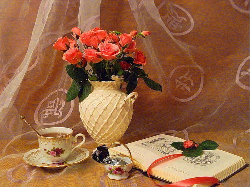 Натюрморт, чай, рози, ваза, чаша, хубаво, красиво, кафе, цветя, прекрасно HD тапет