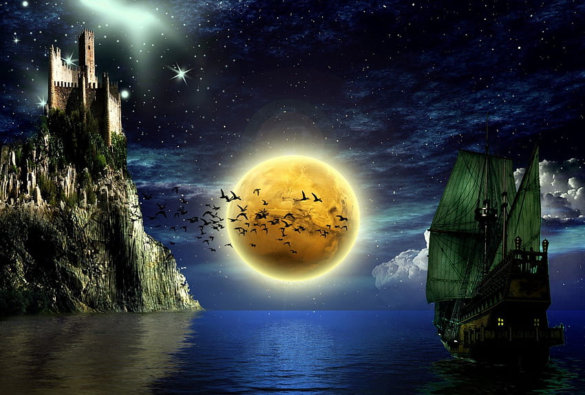 Fantasiekunst, Meer, Schiff, Klippen, Mond, Wolken, Sterne, Schloss HD-Hintergrundbild